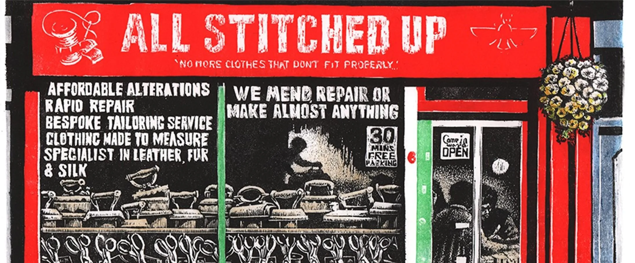 Print o siop 'All Stitched Up'.