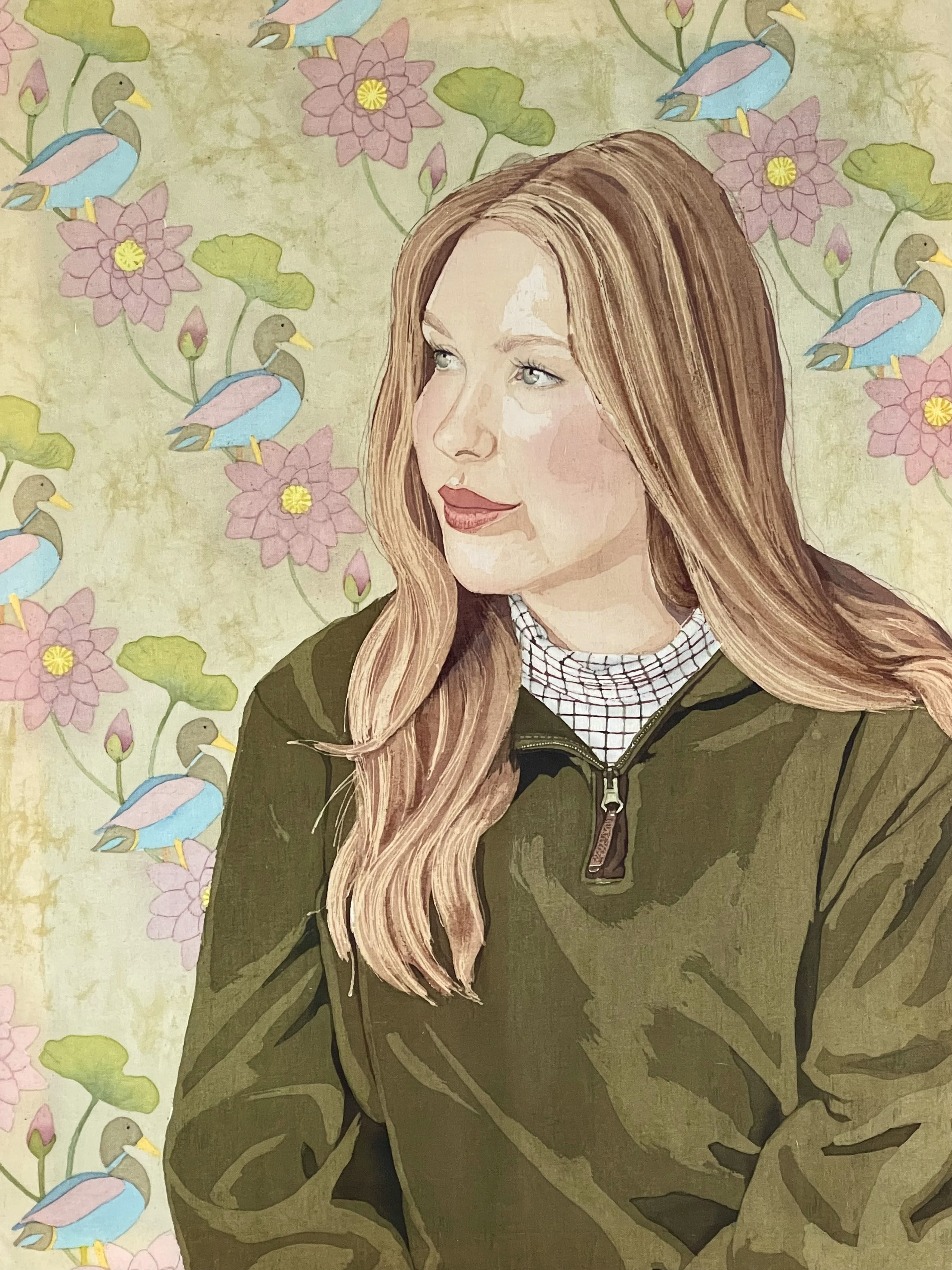 A painitng of Jade sitting looking to the left with birds wall paper in the back.
