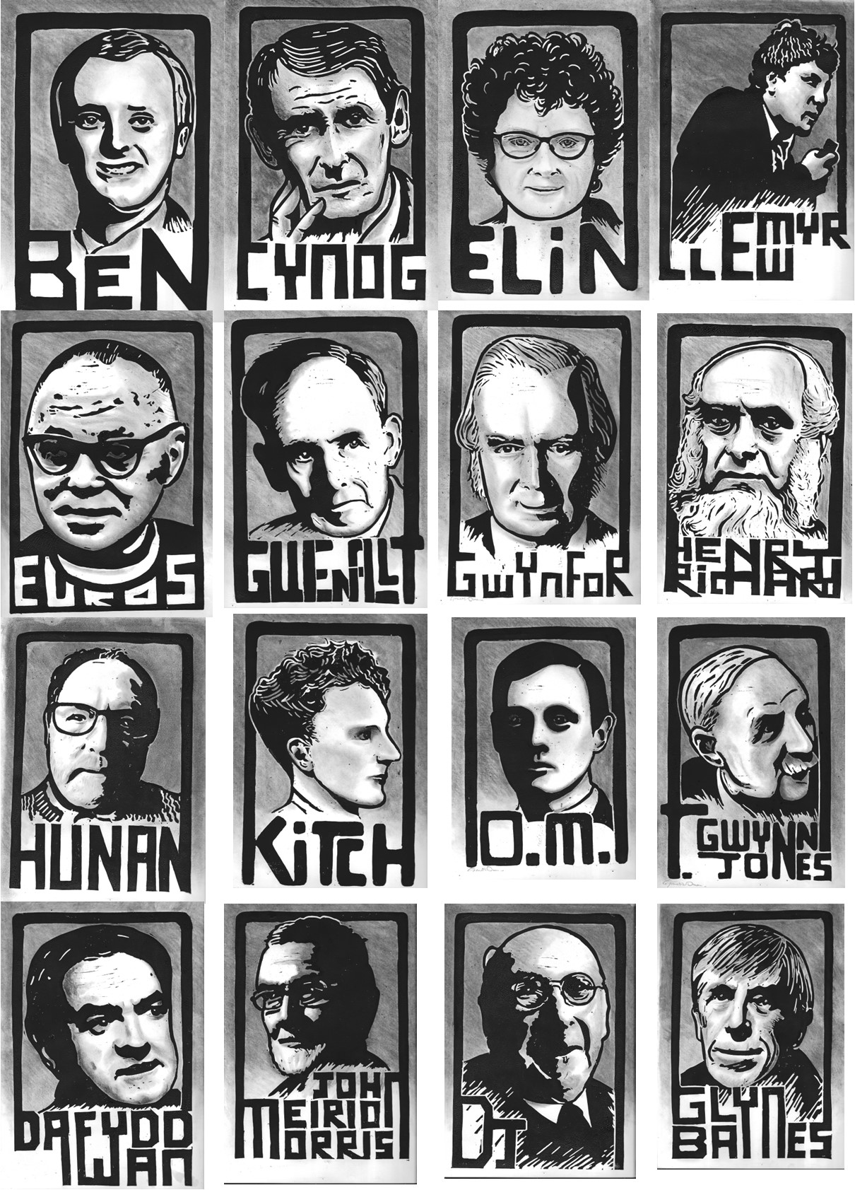 Sixteen portraits of people on one page in black and white.