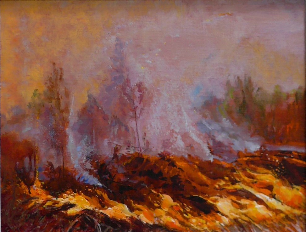 a painting of burning woodland using oranges and red