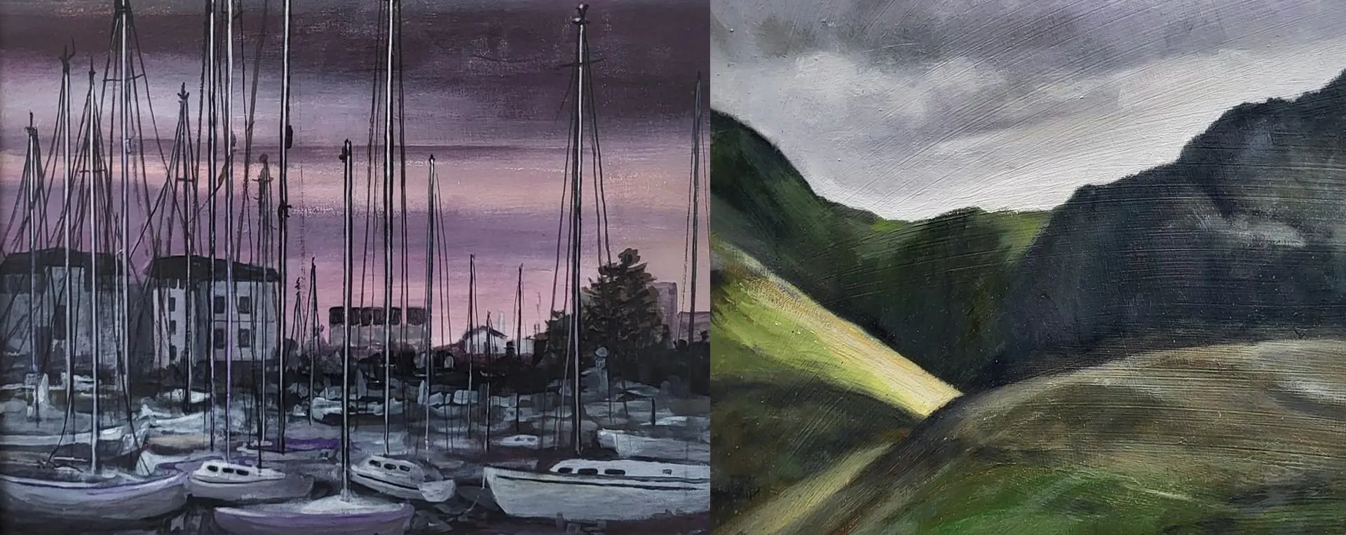 Painting of boats during the evening. Painting of fields with sunshine.