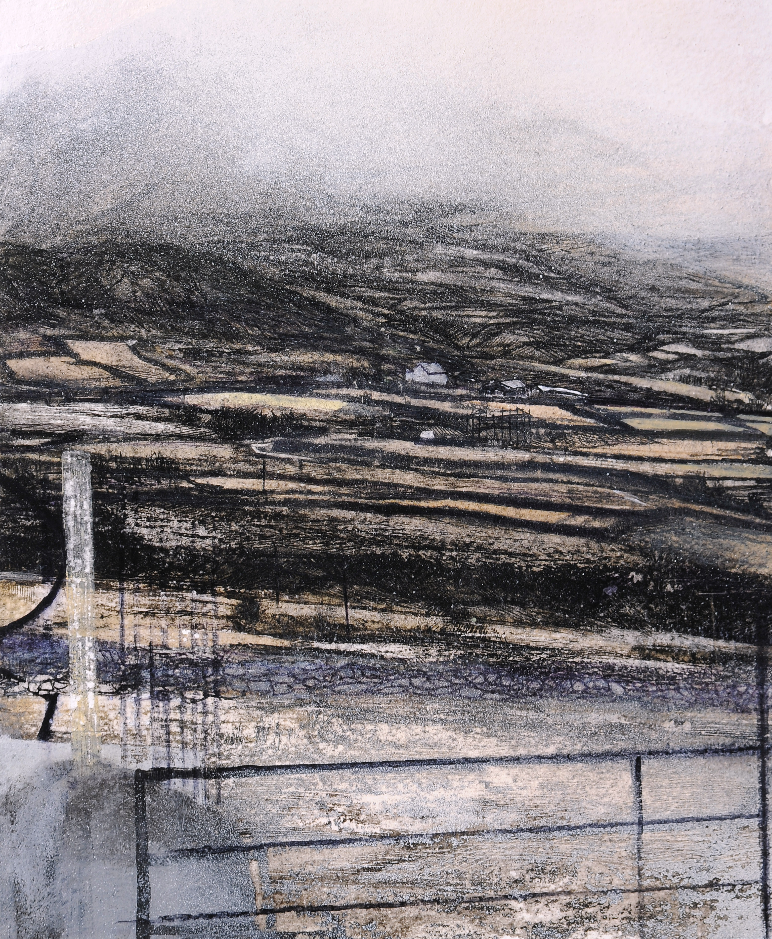A drawing of snowy fields and a large field gate at the forefront.