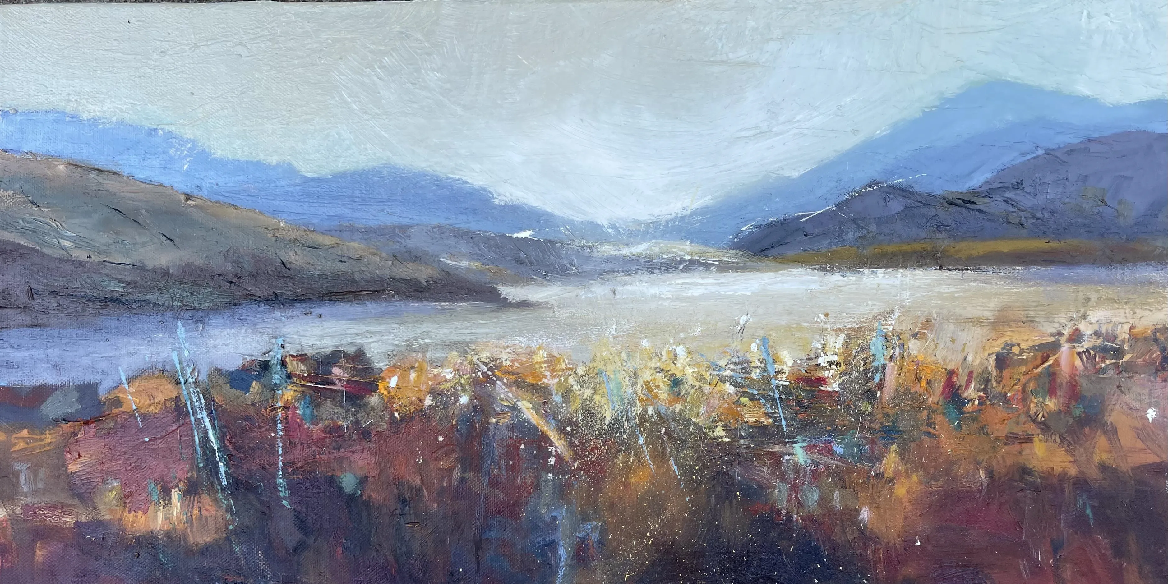 Paentiad o fynyddoedd gyda blodau lliwgar yn y tu blaen