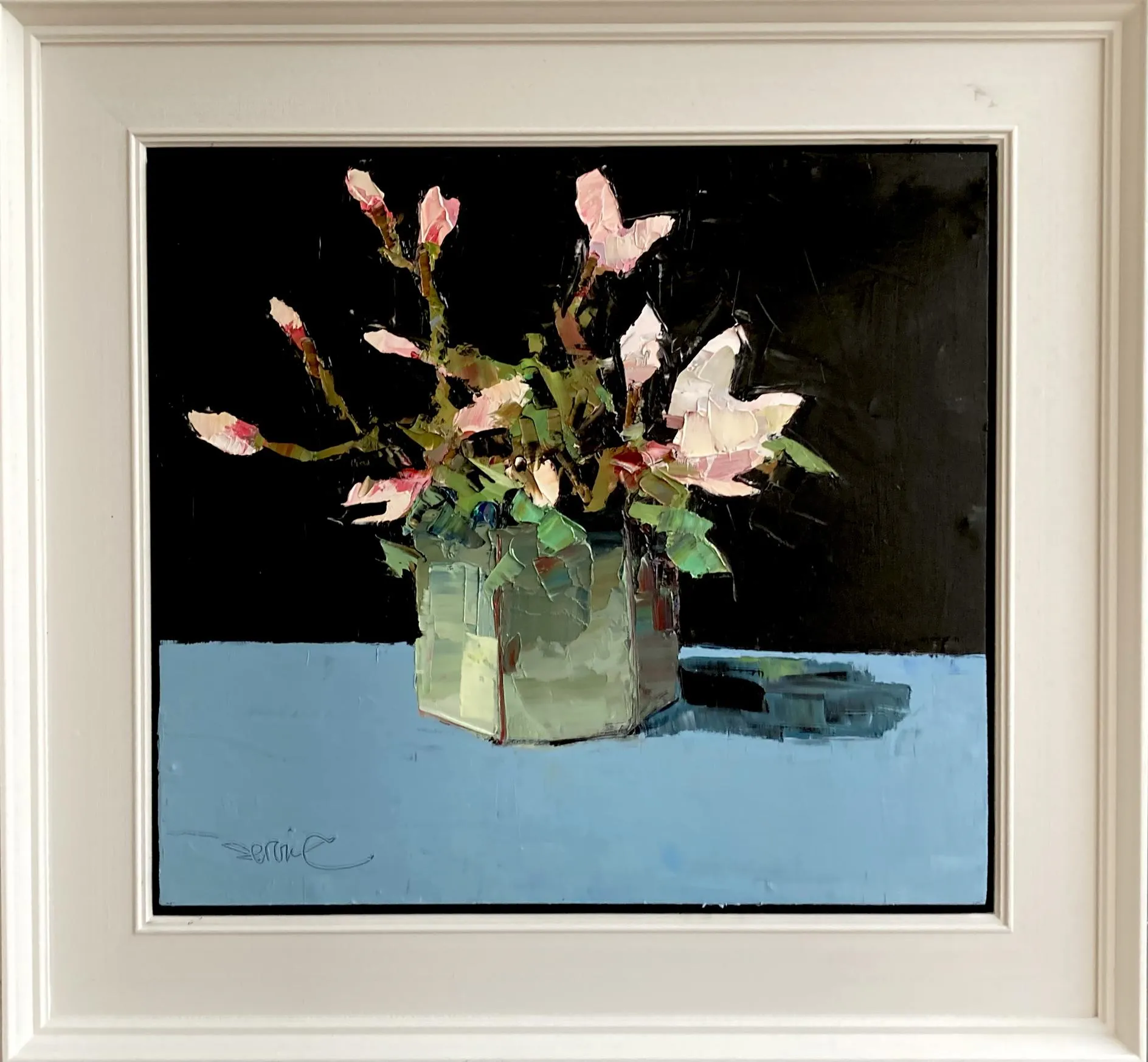 A painting of magnolias in a pot.