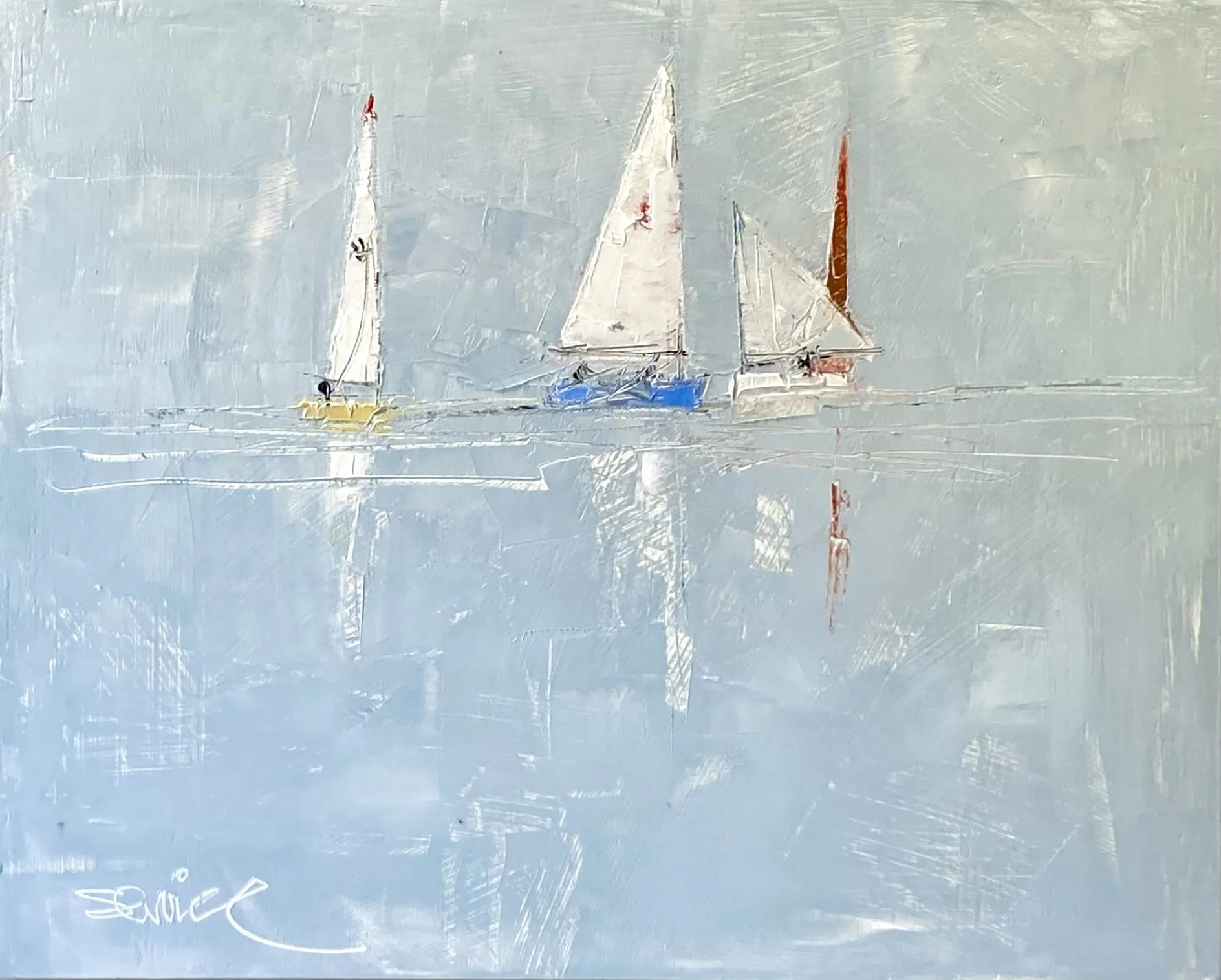 A painting of three sailboats in acrylic.