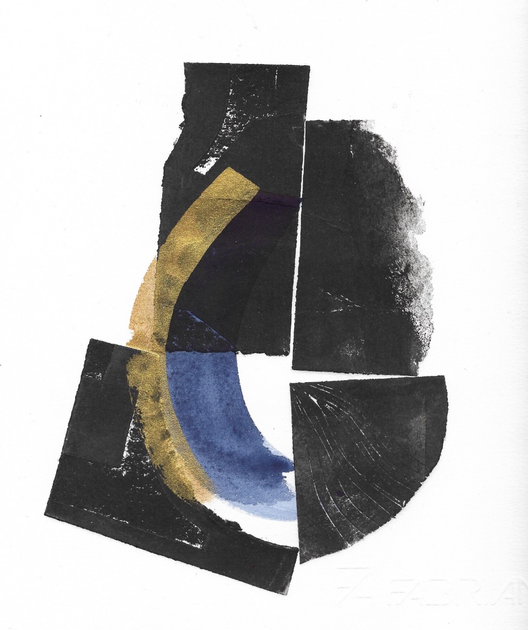 A printed image on paper using rectangles and half circles in black, blue and gold.