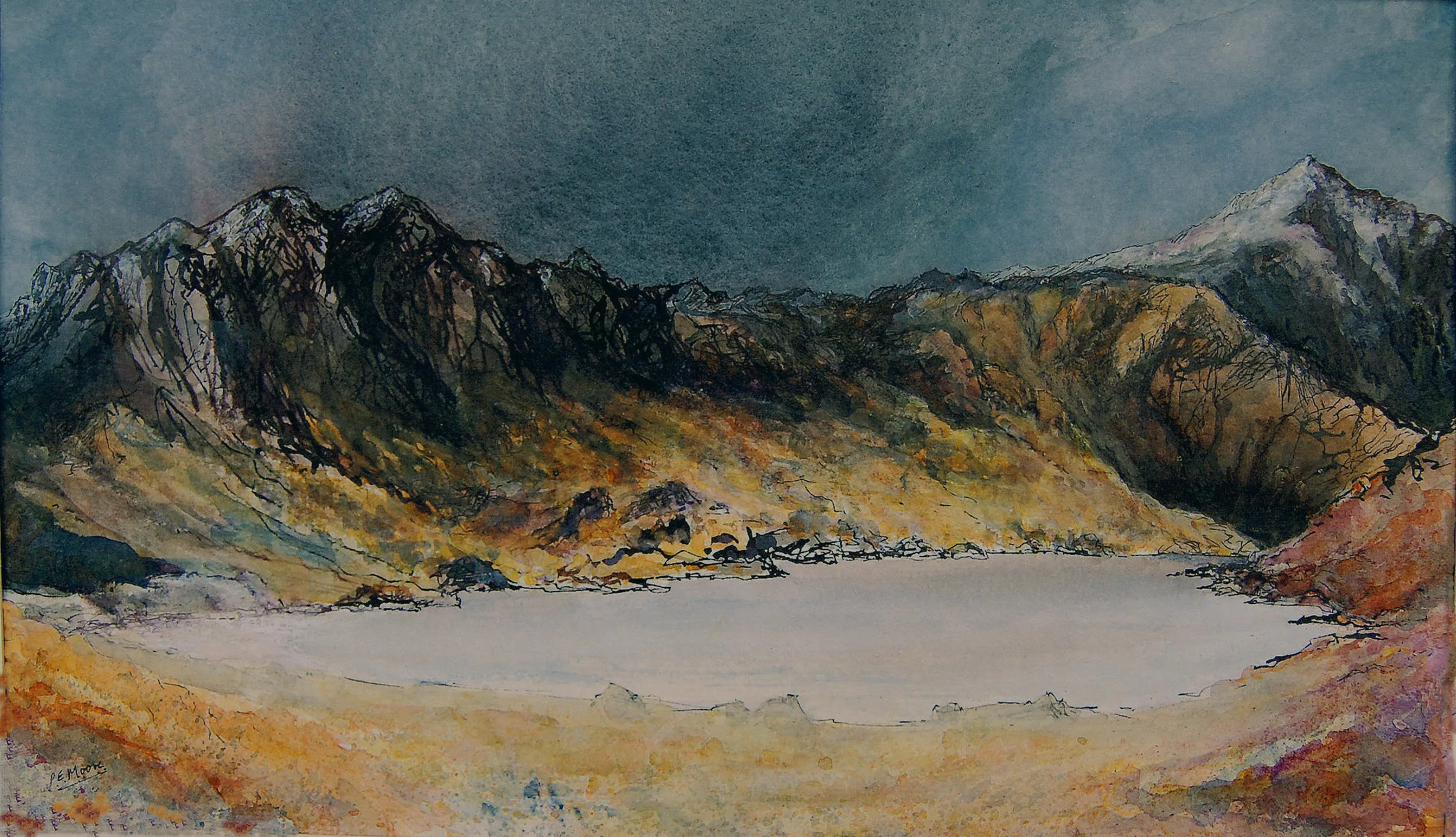 A drawing of a large mountain with a lake at the centre.