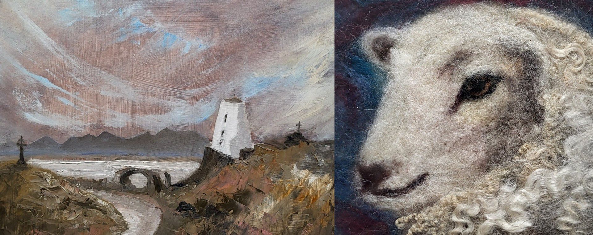 Painting of Llanddwyn and a felting of a sheep.
