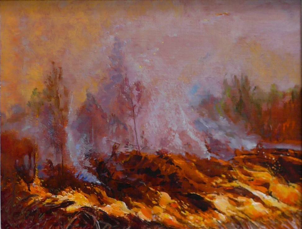 a bright orange and red painting of trees on fire