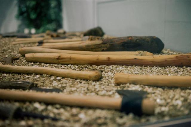 A close up of wooden axe handles.