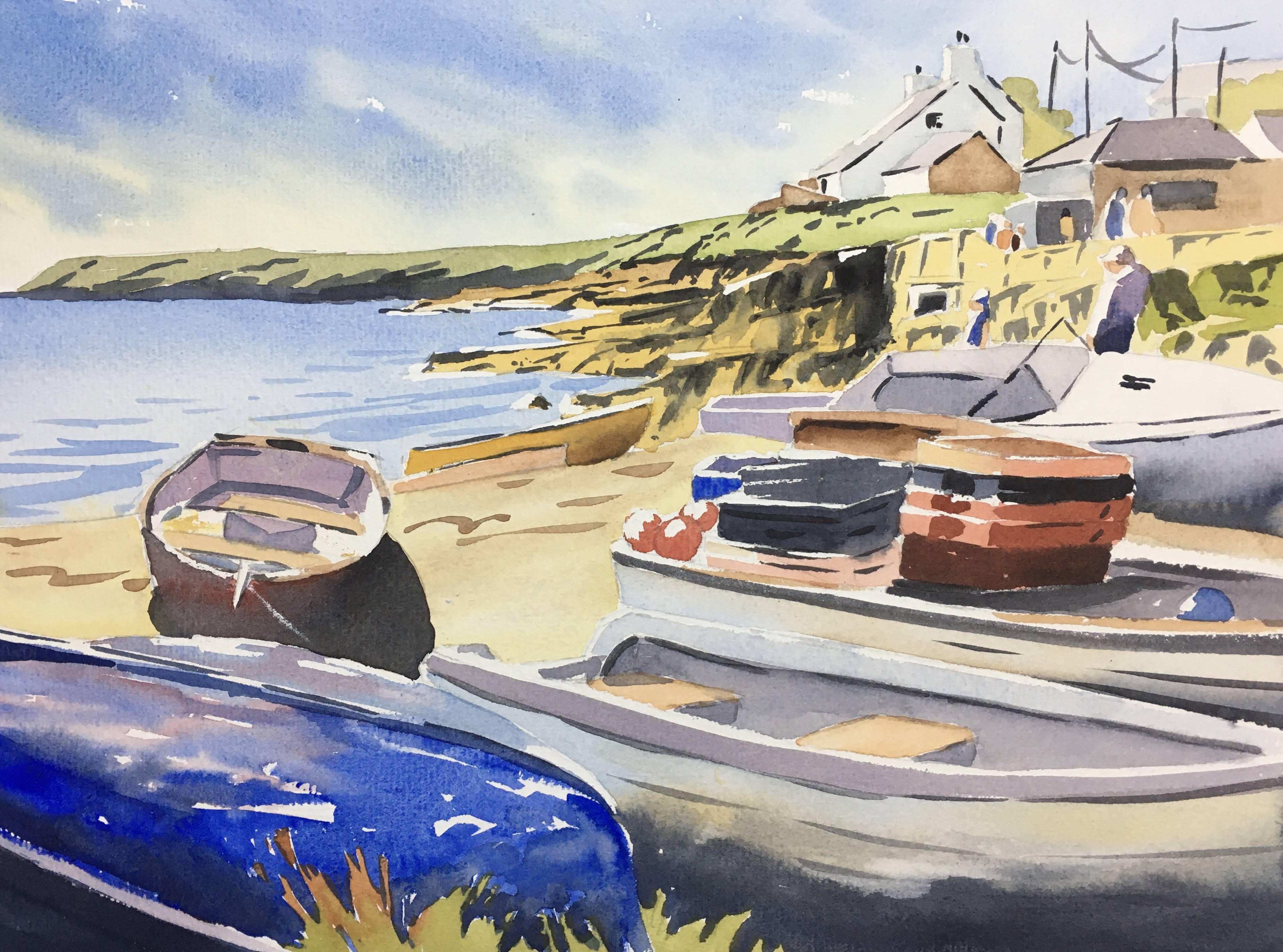a painting of Moelfre beach with little boats at the front