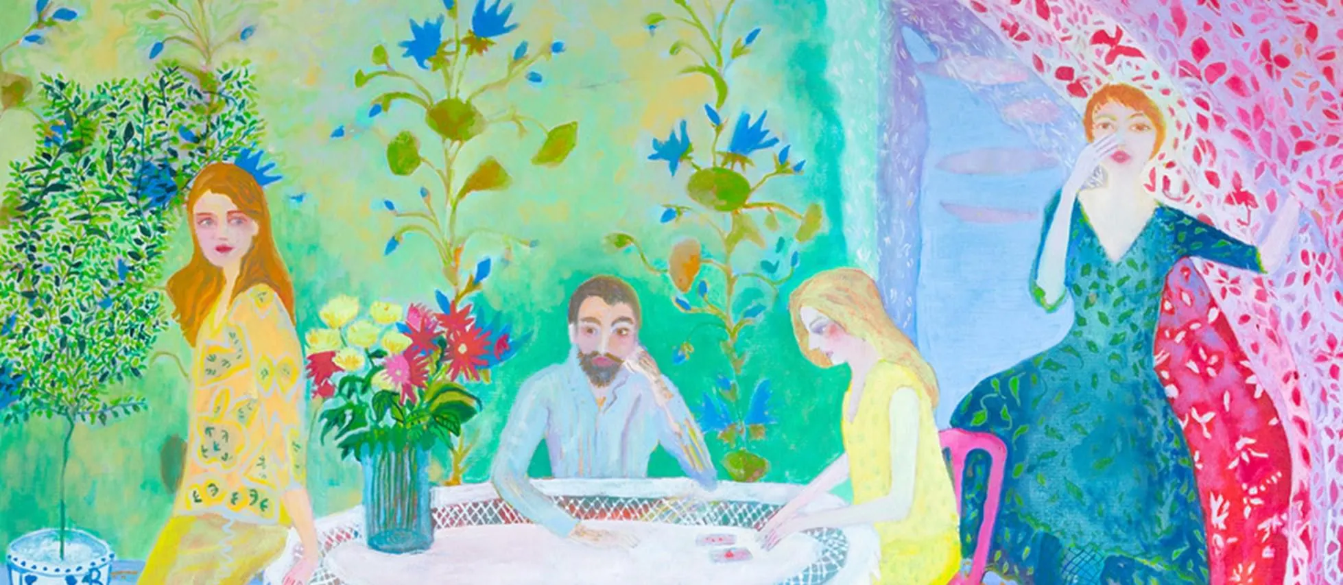 A colourful painting of 4 people sat around a table.