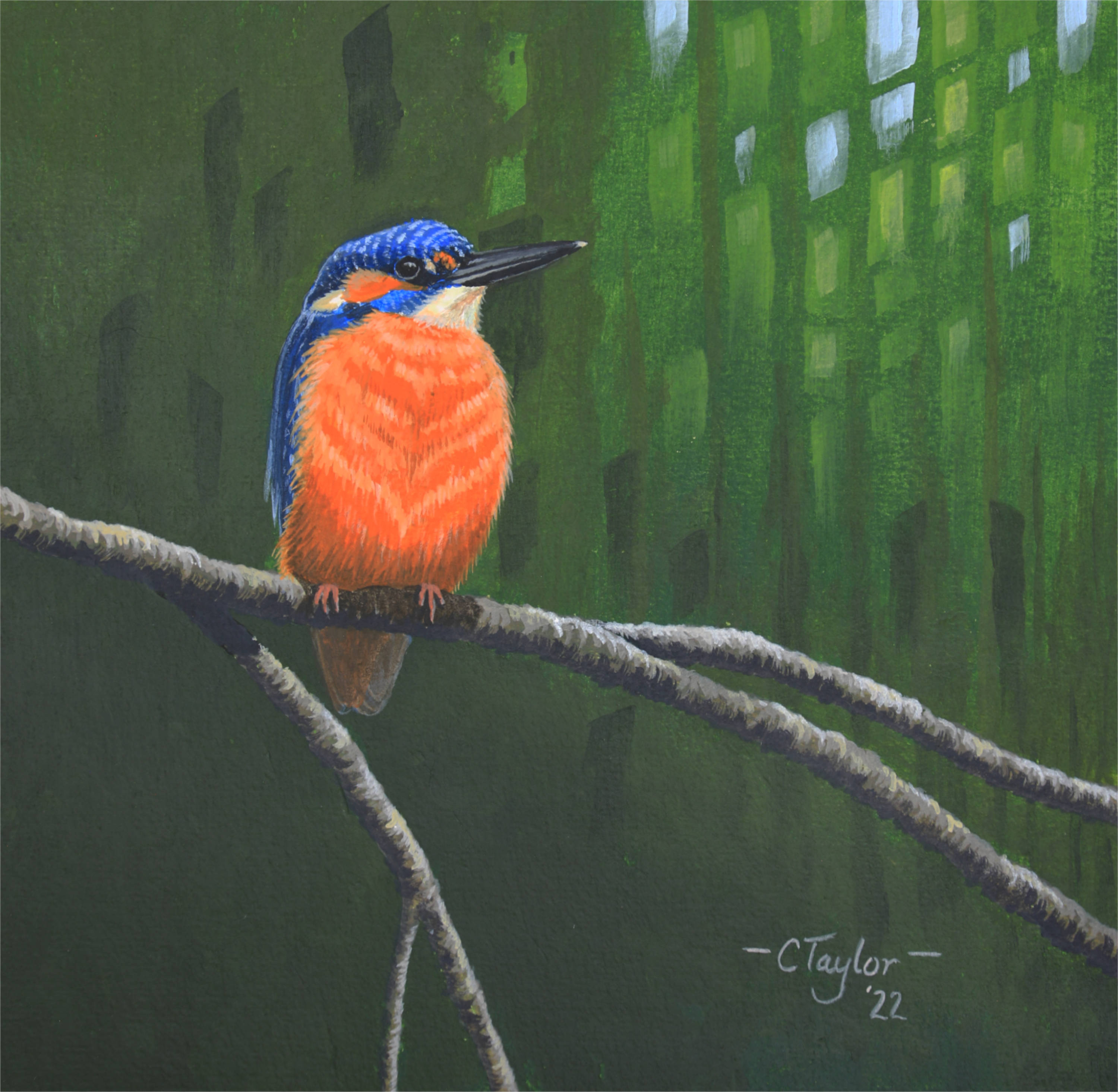 A painting of a bird sitting on a branch waiting for its lunch.
